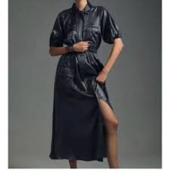 🔥 Samant Chauhan X Anthropologie metallic slate Utility zip up Shirt midi dress - Picture 1 of 9